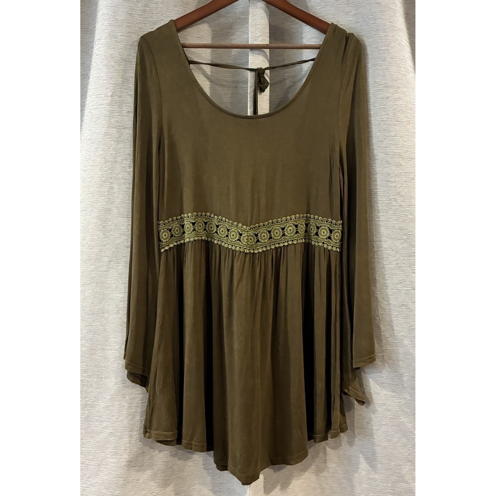 POL Lace Trim Long Sleeve Tunic Green Size Large Boho Festival